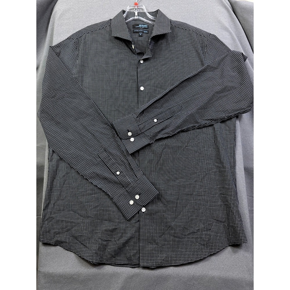Murano Wardrobe Essentials Men XL Slim Fit Black‎ White Grid Check Shirt Stretch